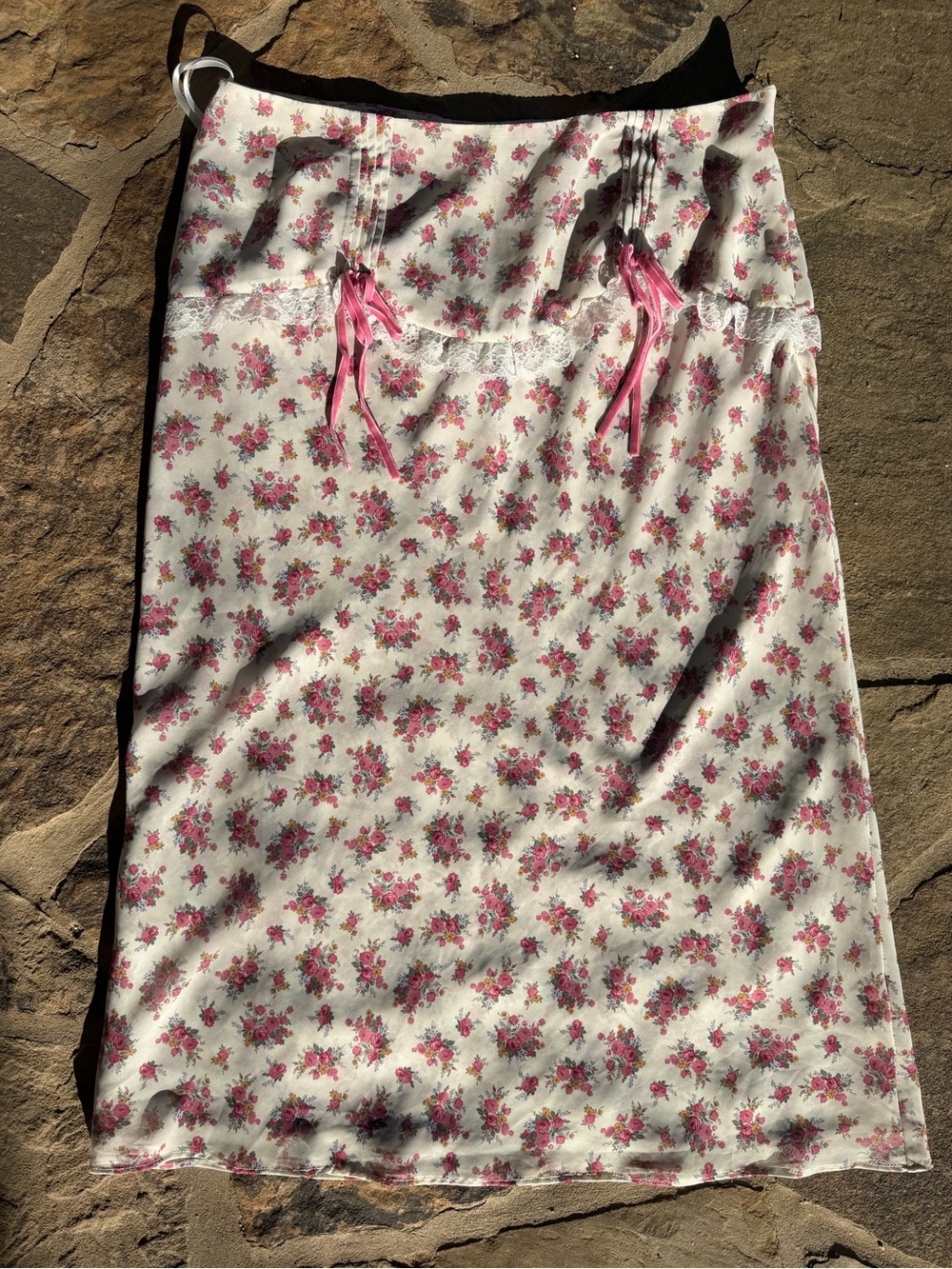 For Love & Lemons Floral Midi Skirt in Cream and Pink